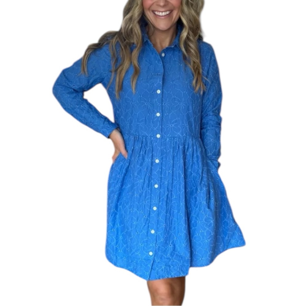 J.Crew Eyelet Cotton Shirtdress – Cobalt Blue Button-Front, Size 0